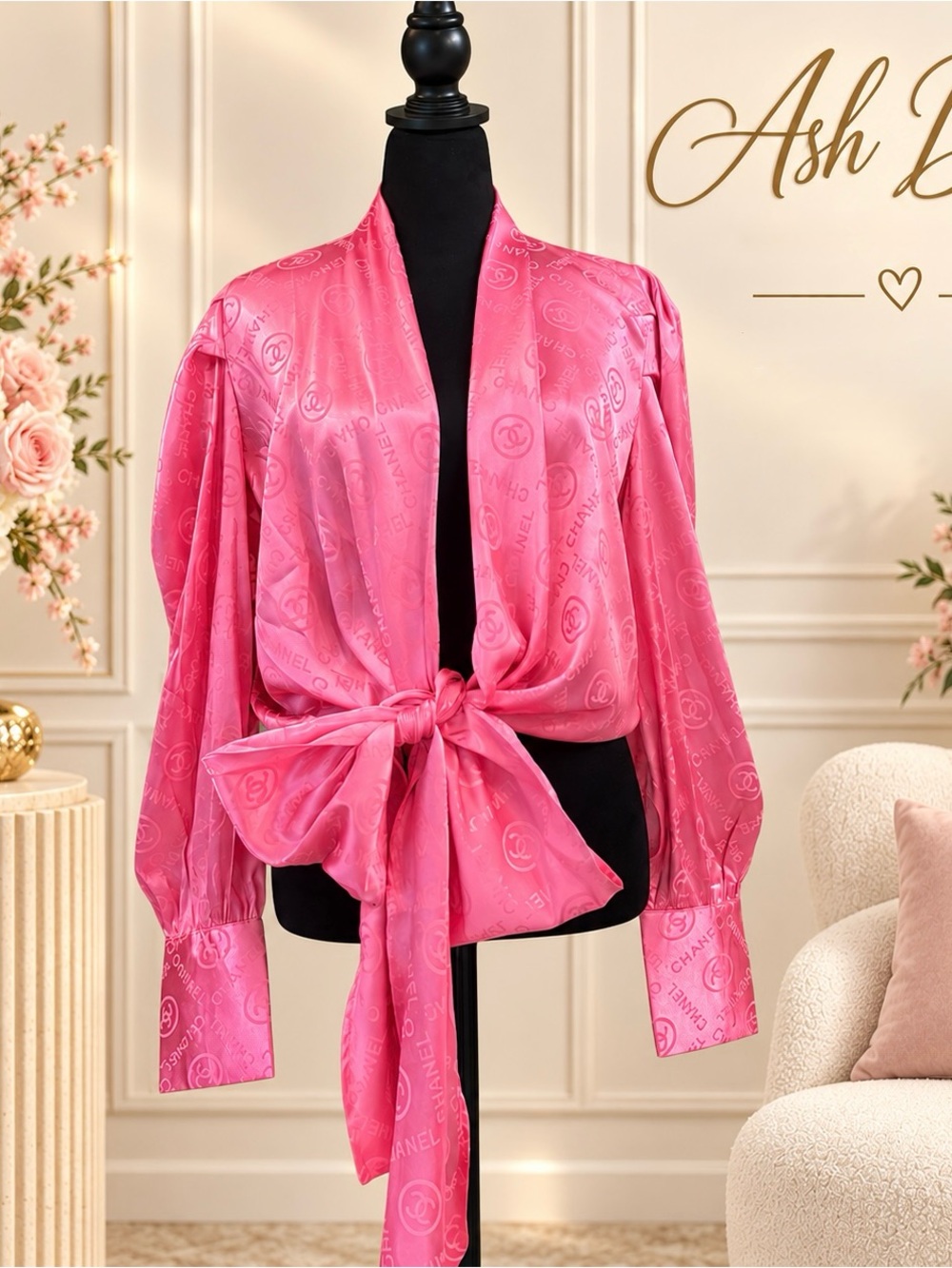 NWOT - Hot Pink CC Motif Satin Tie Front Puff Sleeve Blouse Size M